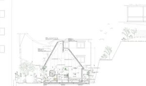 一張現代住宅室內的建築圖，採用木、混凝土與玻璃材質。