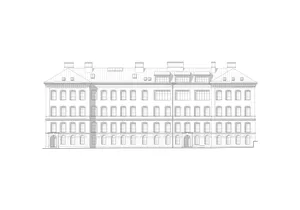 2D architectural drawing of a stone building floor plan.