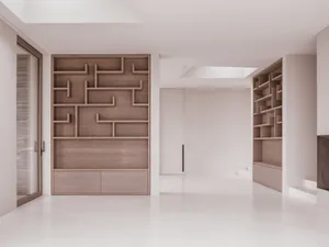 Modern interior design featuring unique wooden shelves and minimalist aesthetic.
