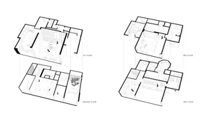 Futuristic apartment building with multiple floors, featuring modern architecture and detailed floor plans.