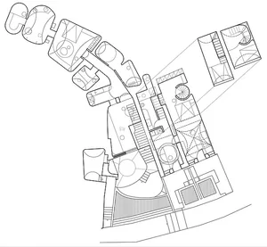 Detailed architectural blueprint of an interior space, showcasing technical specifications and design elements.