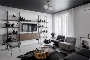A modern living room with metal and wood furniture and decor.