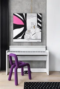 A white piano with a modern design and a purple upholstered chair in a room with a minimalist aesthetic.
