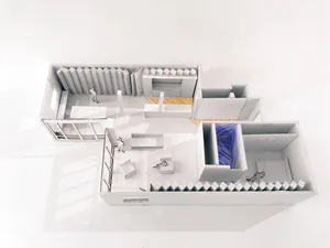 A modern office space layout with multiple functional zones.