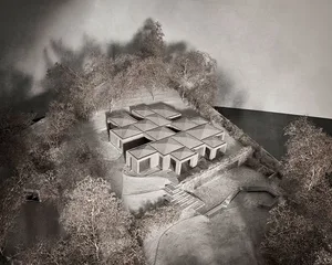 A modern residential architectural plan featuring concrete construction and open spaces.