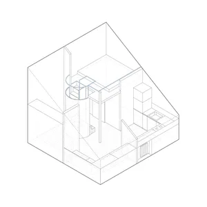Isometric diagram of an attic conversion featuring a spiral staircase and mixed materials.