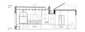 Modern kitchen with concrete countertops, steel structure, and minimalist design.
