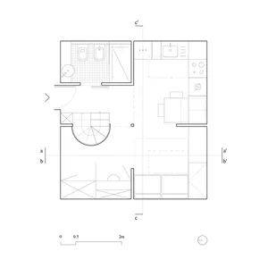 A detailed 2D architectural layout of a modern living space with various functional zones and furniture arrangements.