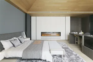 A modern minimalist bedroom featuring a hidden fireplace, a large bed with white linens, and a wooden floor.