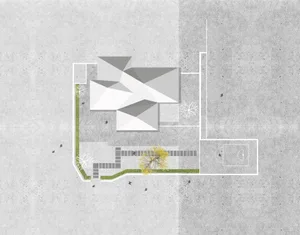 Modern floor plan with grey and white geometric shapes.