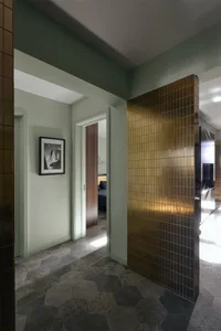 An elegant minimalist interior with a metallic accent wall and patterned hexagonal flooring.