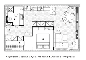 Minimalist layout of an open-plan living space with a kitchen, dining area, and living room.