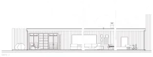 A detailed architectural drawing depicting the front elevation view of a modern wood house plan.