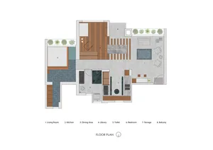 Floor plan of a modern apartment with concrete walls and flooring.