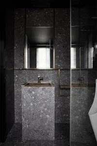 A modern bathroom featuring a terrazzo sink and countertop.