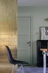 Modern entryway featuring metallic tile flooring and a green door.