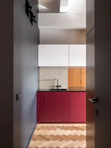 Modern kitchen featuring red cabinets, a wood floor with a herringbone pattern, and a white backsplash with small square tile