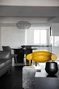 Modern living room with monochrome furniture and a vibrant yellow accent.