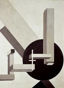 Gray abstract architectural design featuring geometric shapes and a round black element.