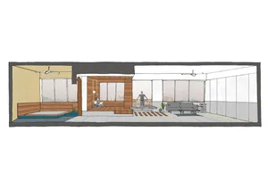 A modern living space with wooden furniture, including a bed, couch, and balcony.