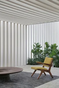 A modern interior living space featuring wood material.