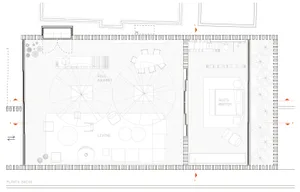 Floor plan of a modern residential living space with a living area, gourmet area, and master suite.