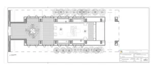 Floor plan of a terrace wellness area with seating arrangements, plants, and a central water feature.