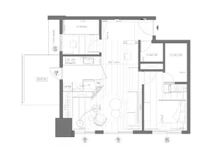 Floor plan of a modern apartment with wooden flooring and minimalist design.