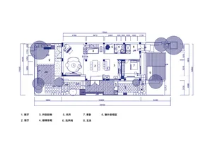 A detailed 2D technical drawing showcasing the layout of a modern house, including various functional zones and dimensions.