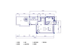 Modern residential floor plan with a square layout and multiple rooms.