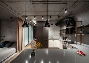 Industrial kitchen with concrete walls and stainless steel appliances