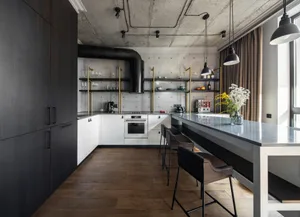 Industrial-style residential kitchen featuring concrete countertops, metal shelves, and wooden flooring.