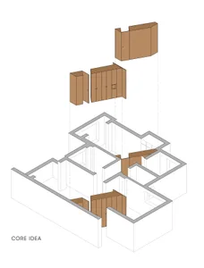 An architectural drawing of a modern residential floor plan featuring wooden cabinets.