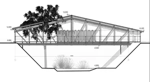 Schematic illustration of a modern treehouse structure featuring a wooden frame and an overhanging roof.