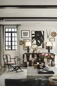 Modern living room featuring mixed materials and contemporary decor.