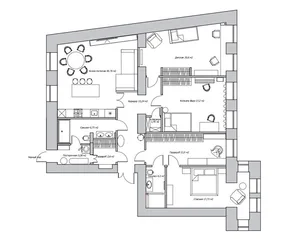 Detailed floor plan of a modern apartment featuring contemporary furniture and design elements.