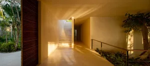 A modern minimalist interior featuring concrete walls and wooden accents.