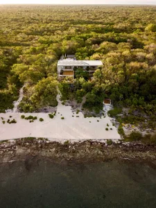 A modern beach house with concrete walls and glass windows surrounded by lush greenery.