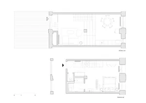 Modern interior design plan of a residential loft space, featuring minimalist furniture and open floor layout.