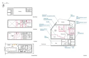 Detailed architectural blueprint showcasing a three-story residential house with designated living, bedroom, kitchen, and bat