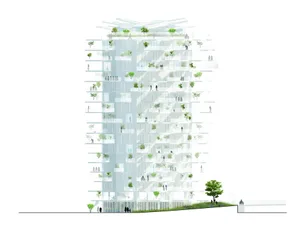 Vertical apartment building with green balconies