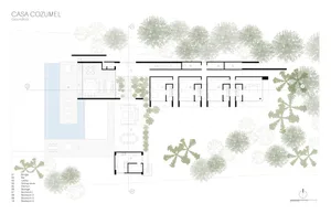 Groundlevel layout design of Casa Cozumel featuring a building with a pool, dining room, lobby, kitchen, and bedrooms.