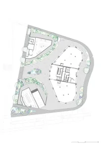 A detailed 2D architectural plan of an industrial building with hexagonal landscaping features.