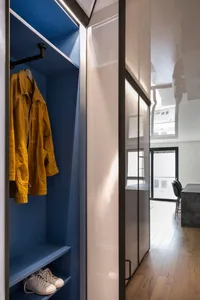 Modern minimalist closet with blue walls, glass doors, and metal accents.