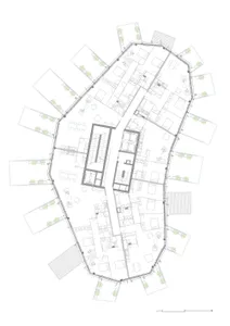 A detailed drawing of a modern residential building's floor plan with various construction materials and features.
