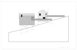 Architectural drawing of a modern house with metallic structure on a hillside.