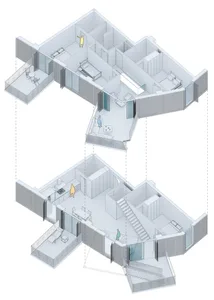 An isometric diagram of a modern minimalist apartment layout with bedrooms, bathrooms, and a kitchen.