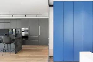 Minimalist kitchen with blue and gray cabinets and walls