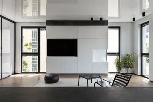 Modern minimalist living room with white walls, black furniture, and large windows