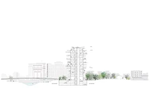 A detailed architectural rendering of a residential tower with vertical gardens and a metal frame, clad with glass.